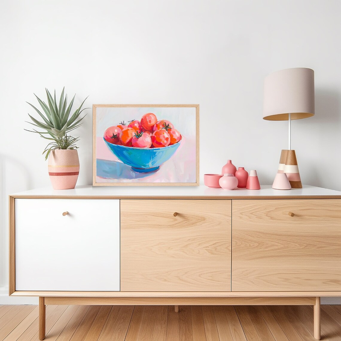 Colorful Tomato Bowl Painting, Blue Kitchen Food Art Print - Image 2