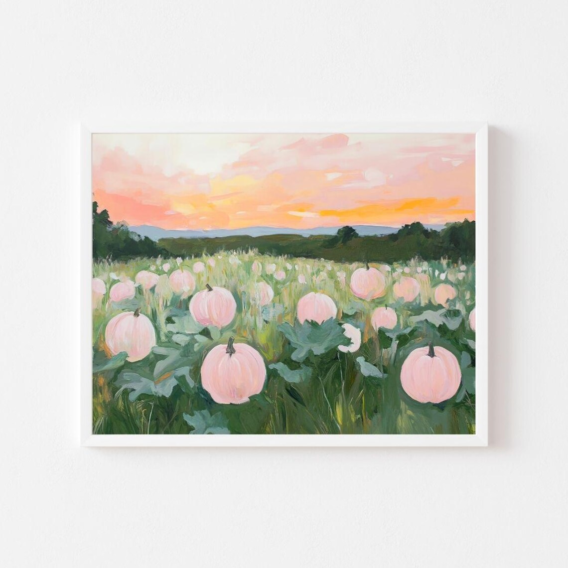 Pastel Pink Pumpkin Patch Sunset Harvest Field Halloween Fall Art Poster