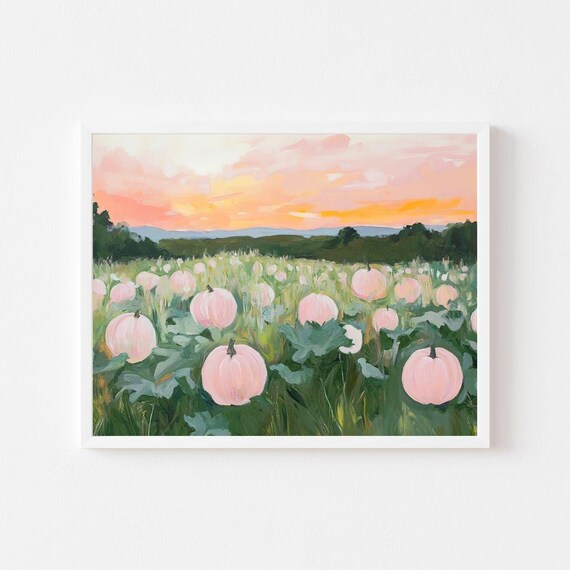 Pastel Pink Pumpkin Patch Sunset Harvest Field Halloween Fall Art Poster