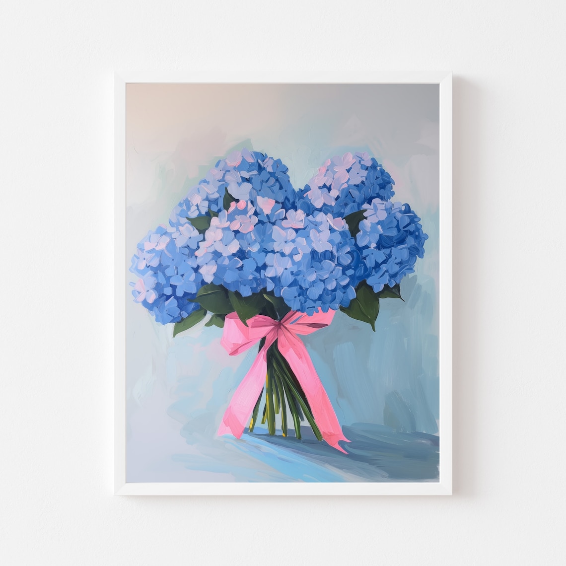 Blue Hydrangea Floral Painting Art Print, Grandmillennial Bow