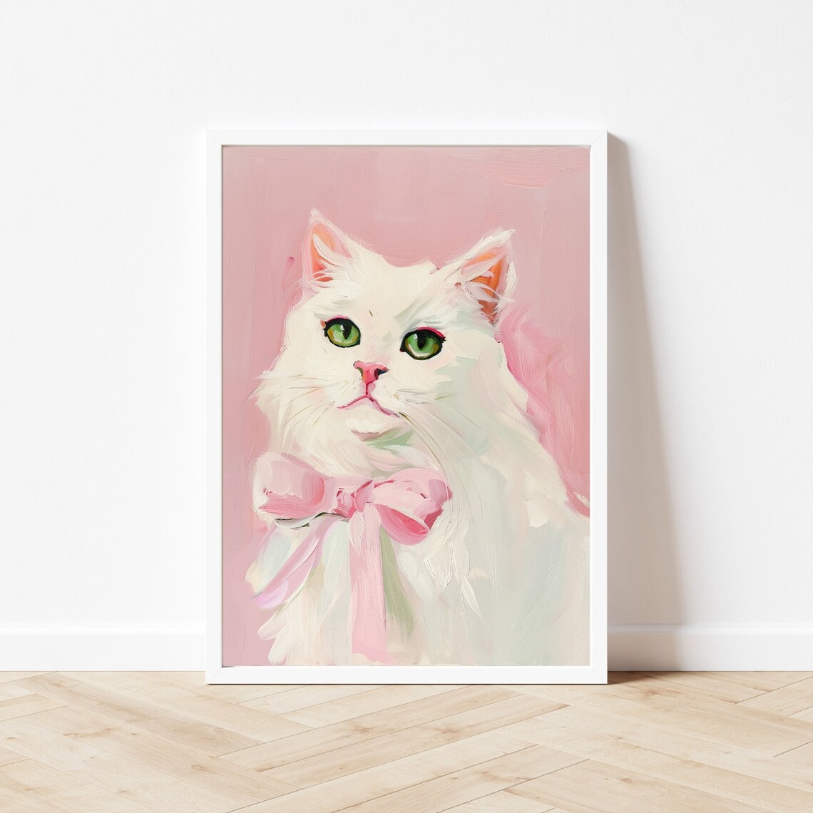 White Cat With Pink Bow, Grandmillennial Wall Art Print - Image 2
