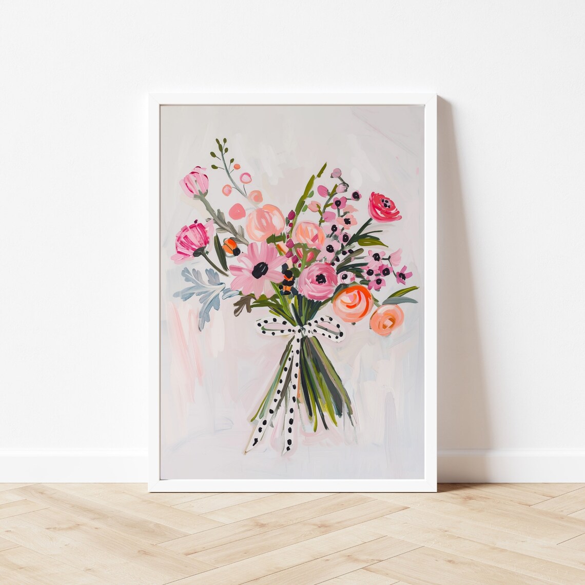 Pink Wildflower Bouquet Polka Dot Ribbon Whimsical Floral Art Poster - Image 3
