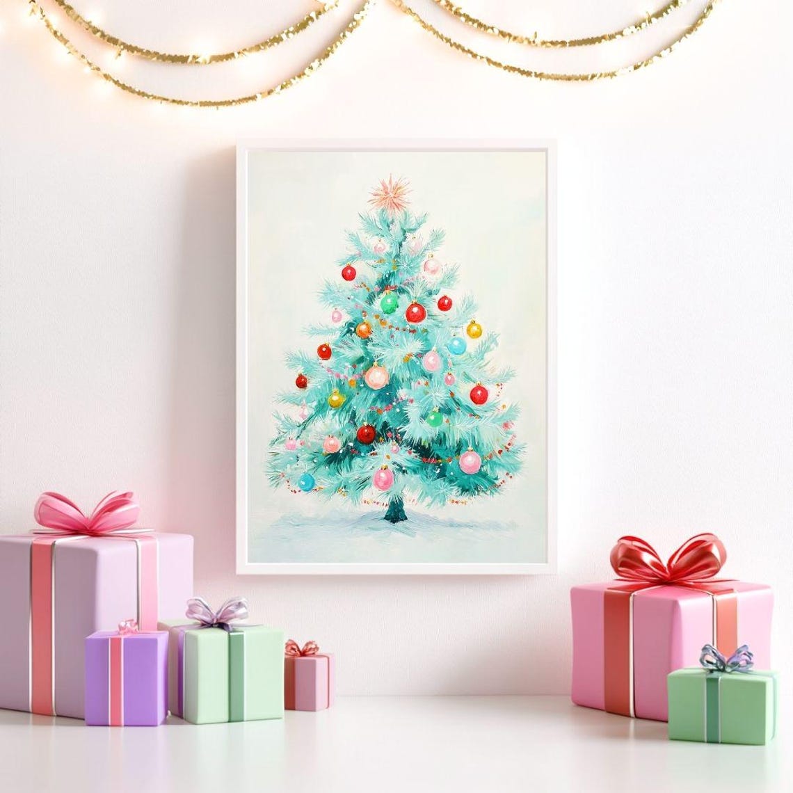 Mint Christmas Tree Colorful Ornaments Retro Holiday Decor Art Poster - Image 2
