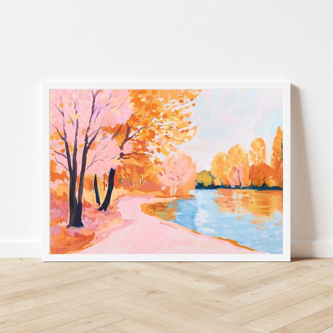 Autumn Trees By A Peaceful Pond Soft Pink Fall Landscape Poster - Image 3