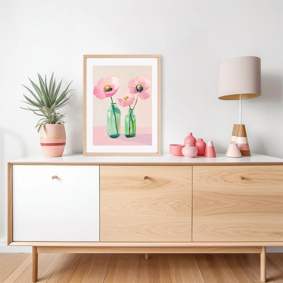 Pink Poppies In Green Glass Jars Minimalist Floral Art Poster - Image 2
