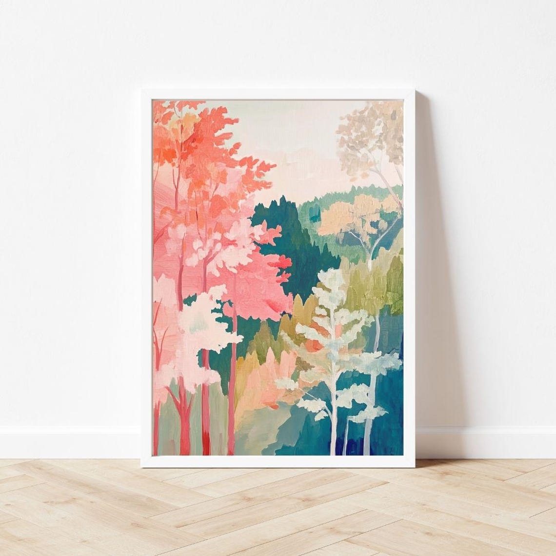 Coral Pink and Teal Abstract Autumn Forest Trees Landscape Poster - Image 3