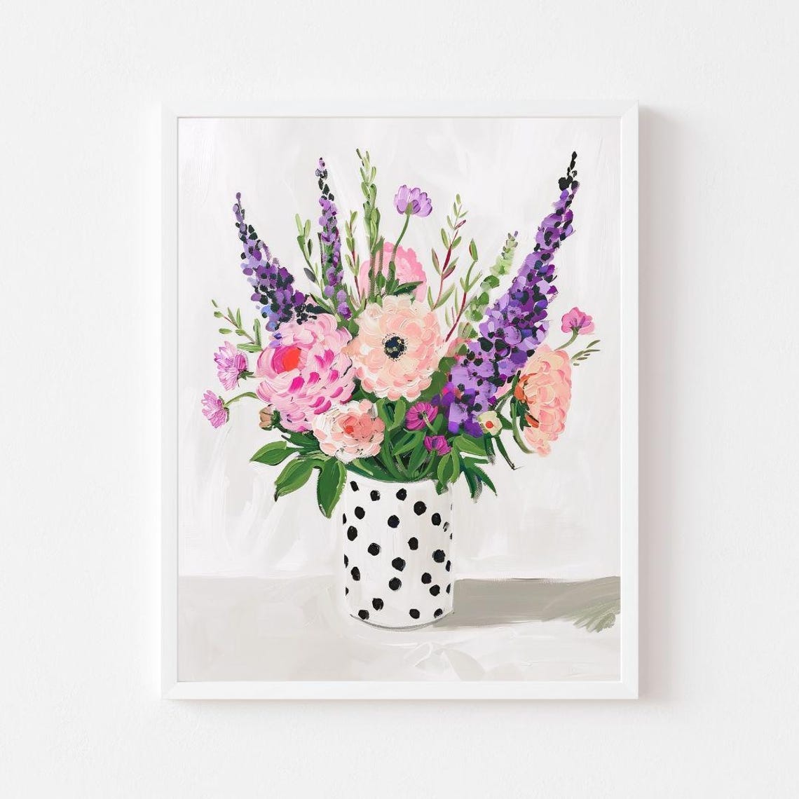 Pink Purple Flowers Polka Dot Vase Painting Whimsical Bouquet Poster