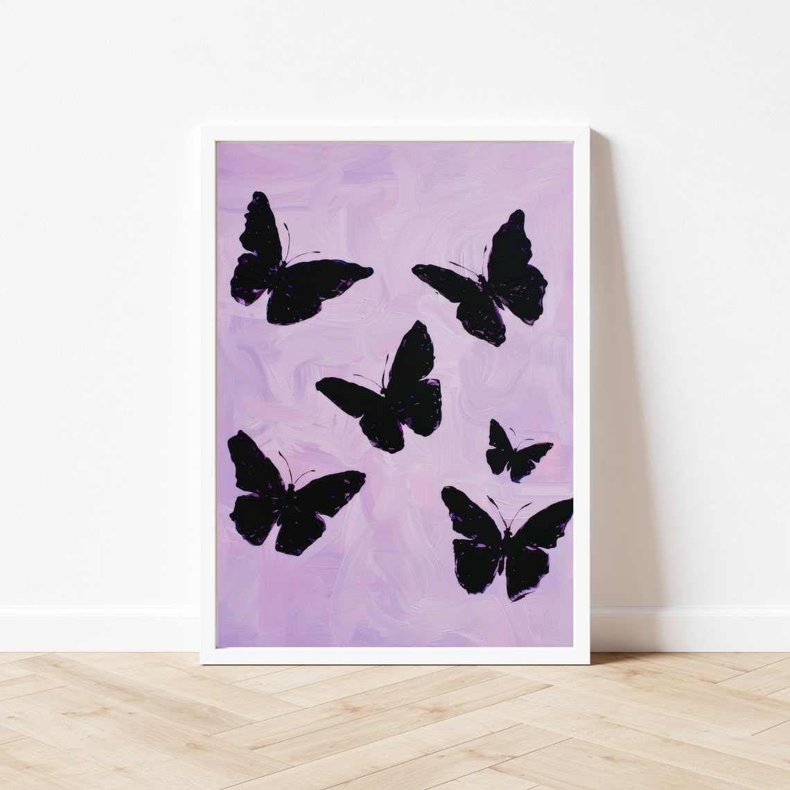 Black Butterfly Silhouettes On A Soft Lavender Background Poster - Image 3