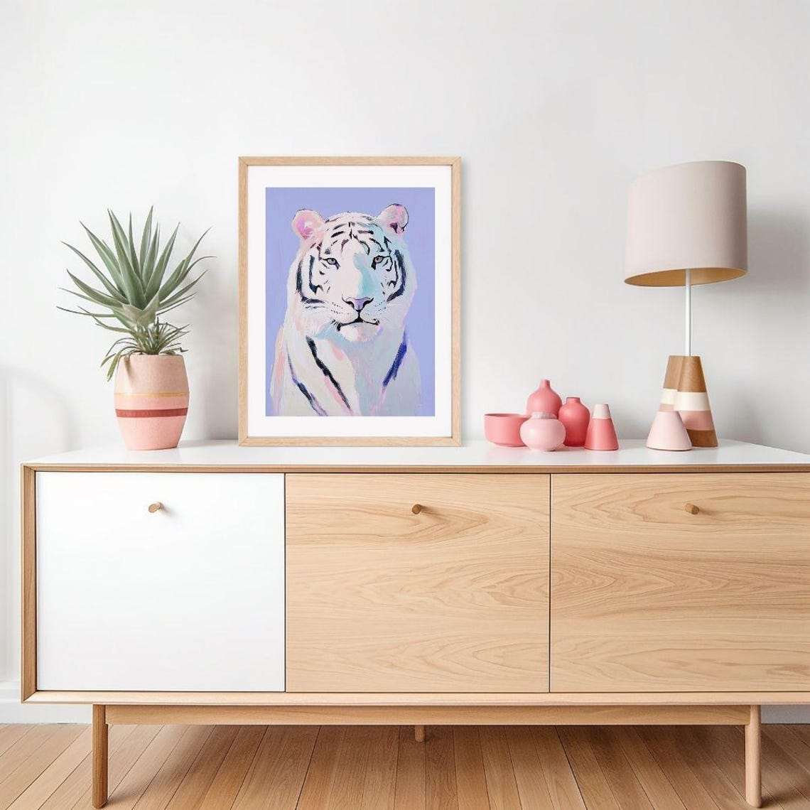 White Tiger Portrait On A Lavender Background Painting Poster - Image 2