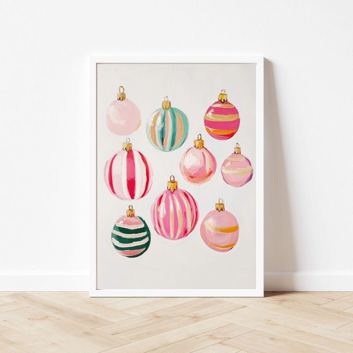 Pink Striped Christmas Ornaments Vintage Baubles Holiday Decor Poster - Image 3