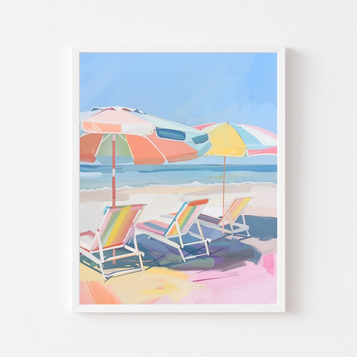 Rainbow Beach Umbrella, Retro Coastal Art Print