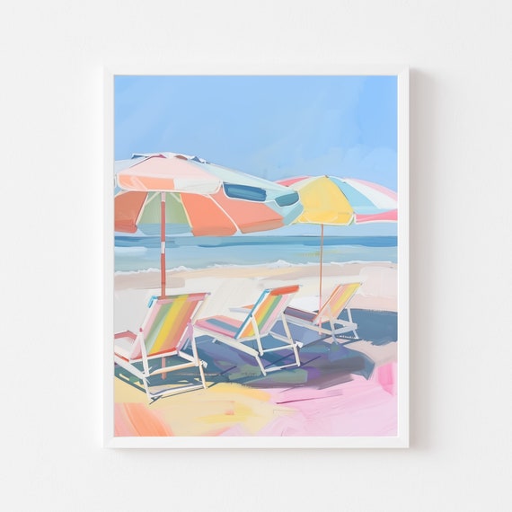 Rainbow Beach Umbrella, Retro Coastal Art Print
