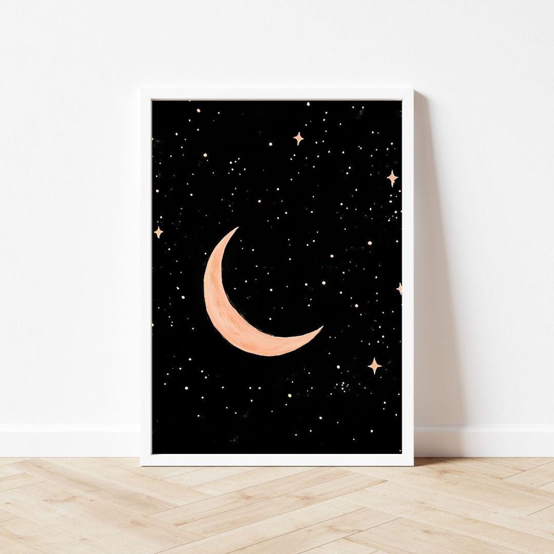 Pink Crescent Moon And Stars On A Black Starry Night Sky Poster - Image 3