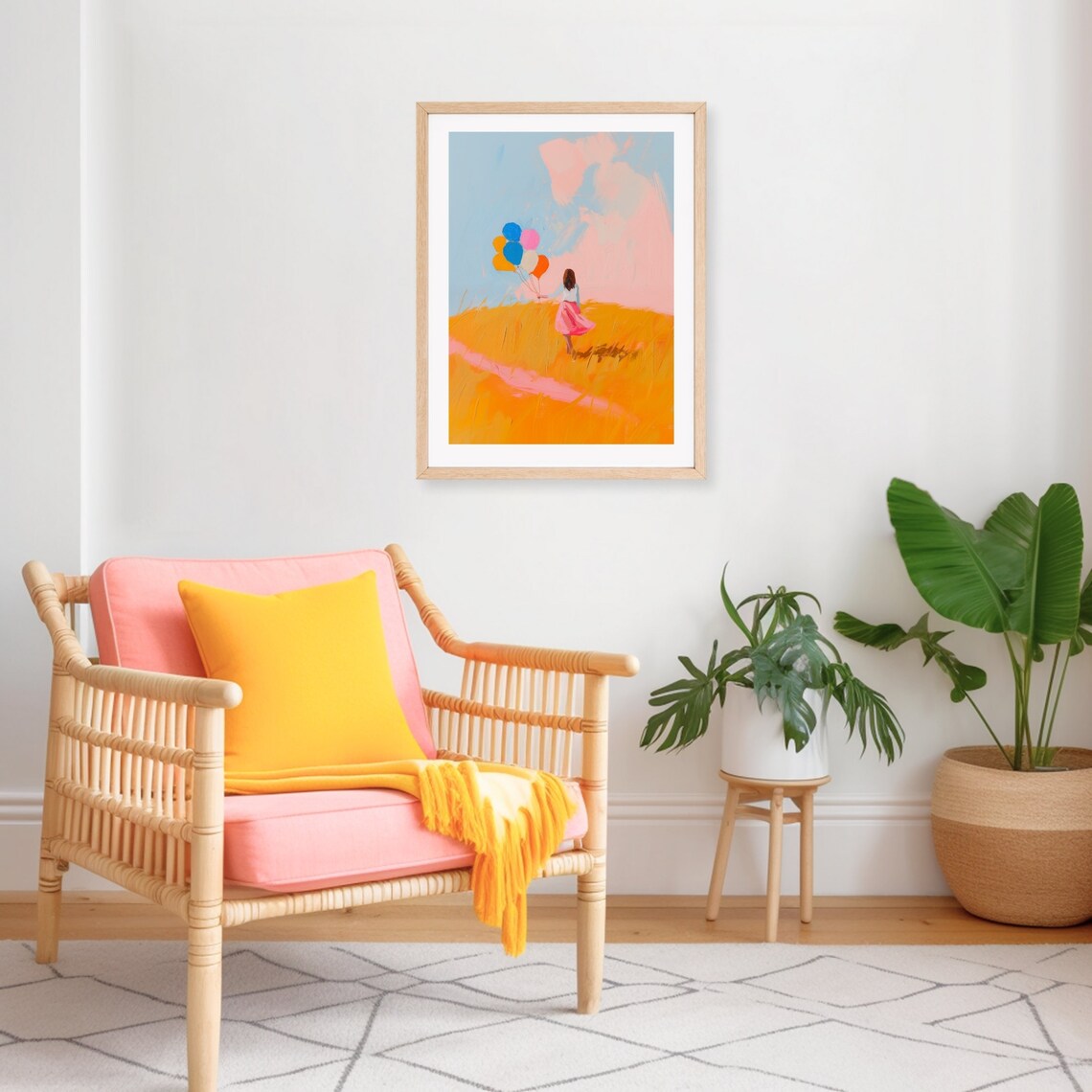 Girl Holding Colorful Balloons Walking A Golden Wheat Field Poster - Image 2