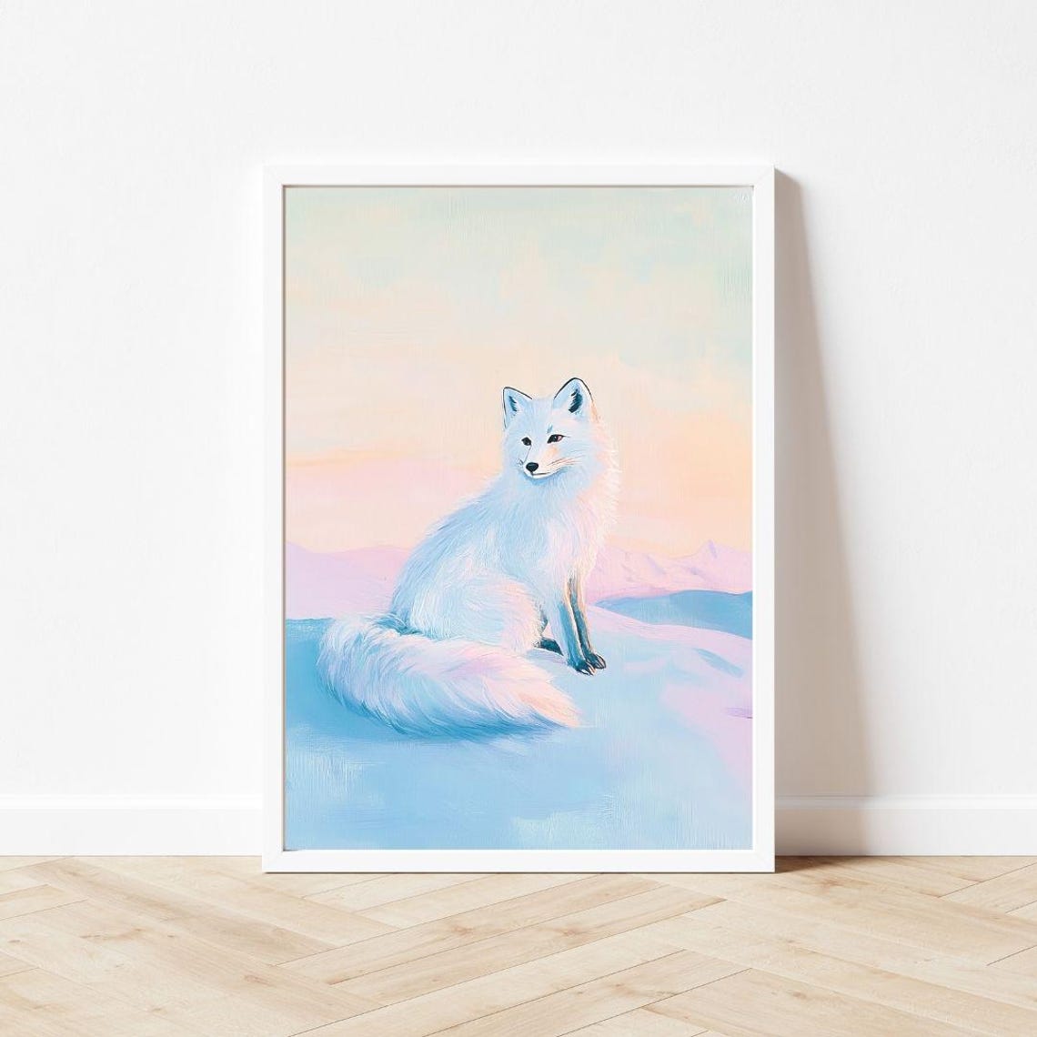 White Arctic Fox Sitting in Snow at Pastel Winter Sunset Poster - Image 3