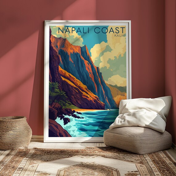 Napali Coast Kauai Hawaii Vintage Travel Poster Cliffs Ocean