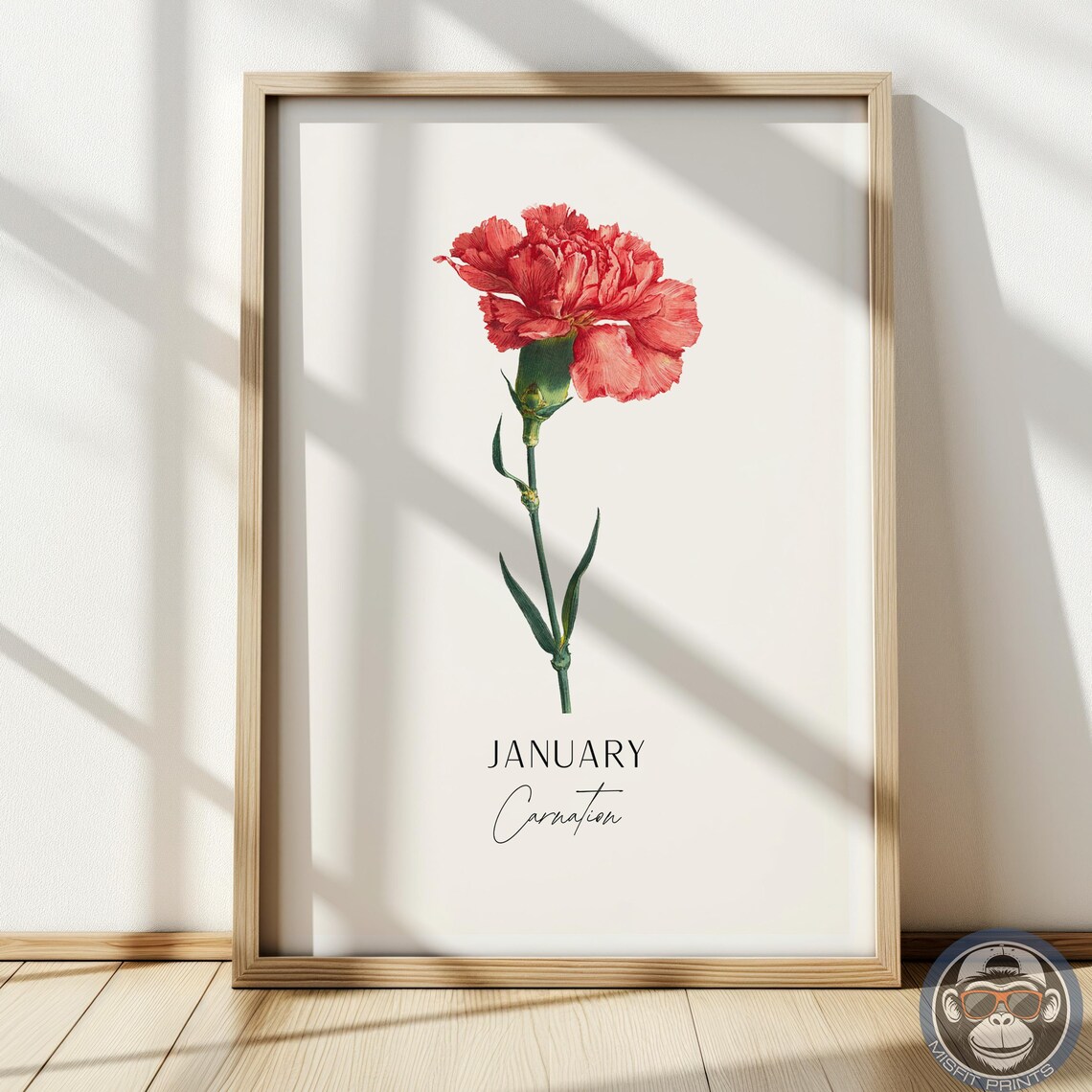 Carnation Flower January Birth Month Botanical Art Print
