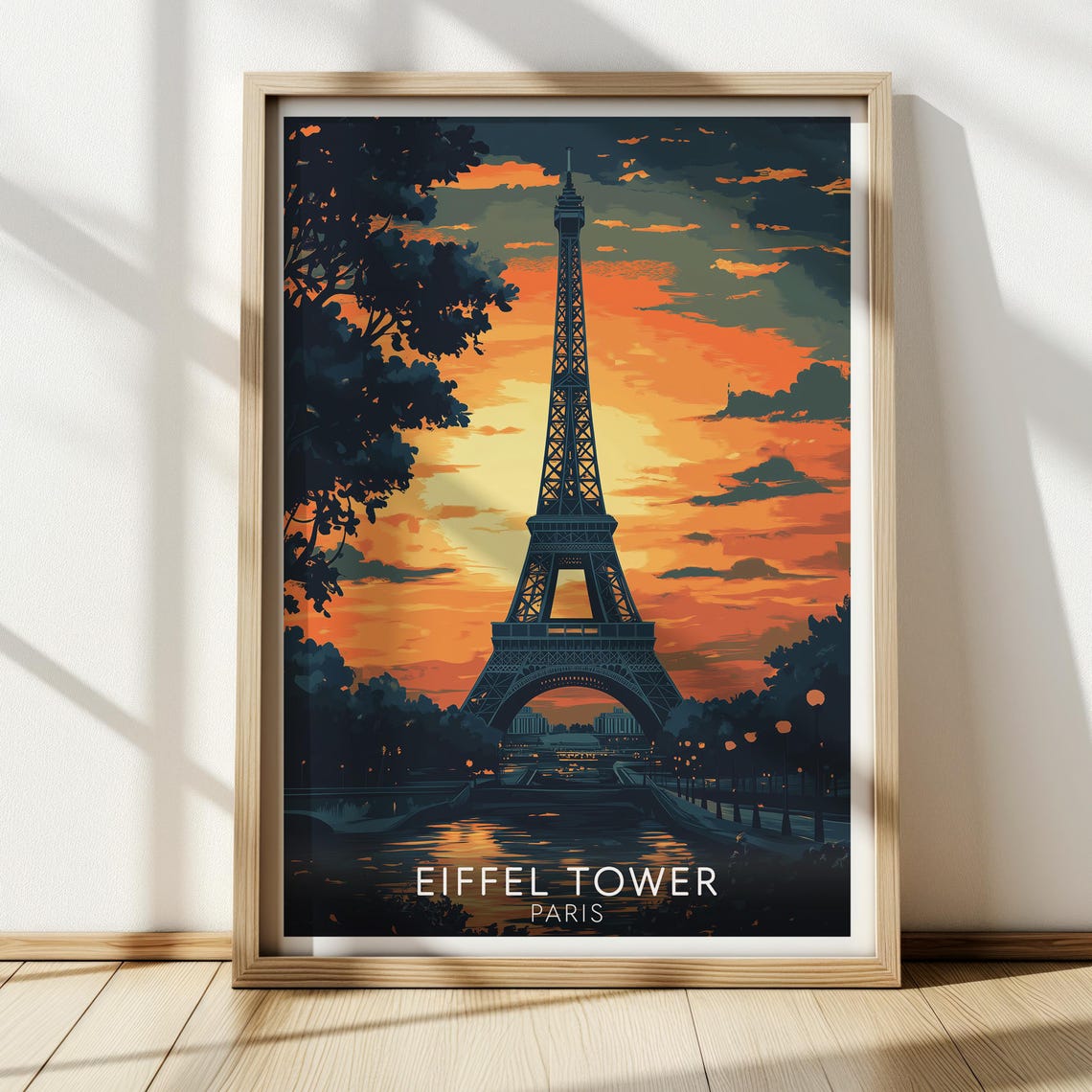 Eiffel Tower Paris Sunset Seine Riverside Vintage Travel Poster