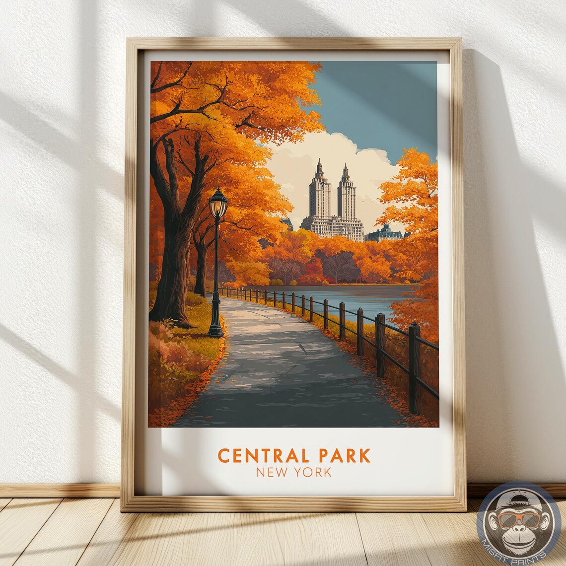 Central Park New York City Travel Poster, Autumn Skyline