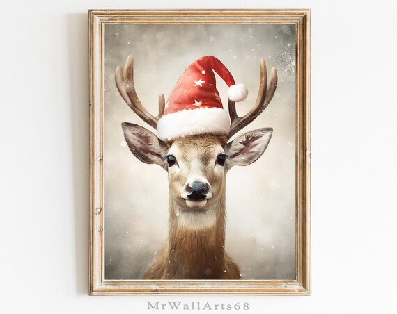 Reindeer Wearing a Red Santa Hat Snowy Christmas Portrait Poster