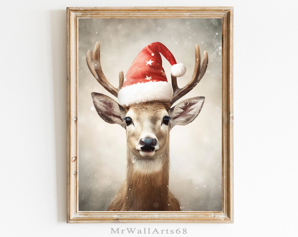 Reindeer Wearing a Red Santa Hat Snowy Christmas Portrait Poster