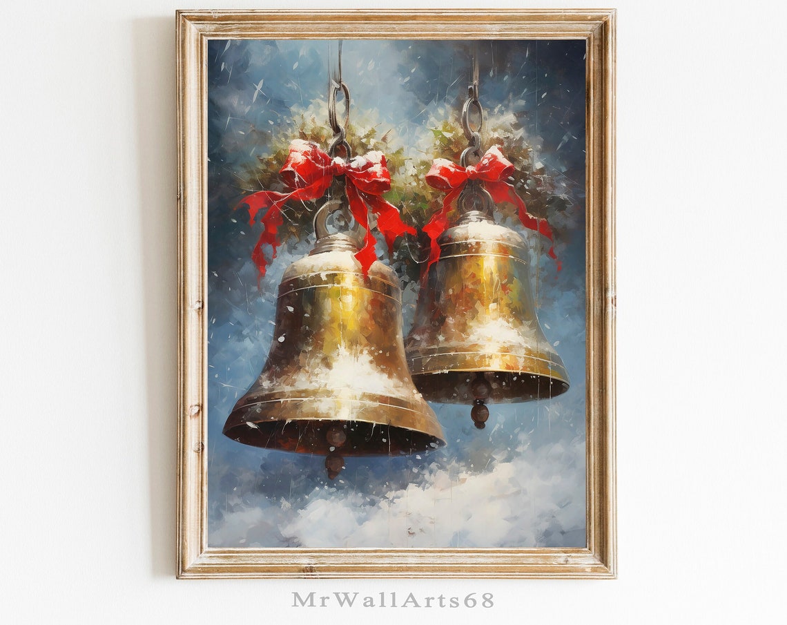 Vintage Brass Jingle Bells Red Bow Blue Winter Christmas Poster