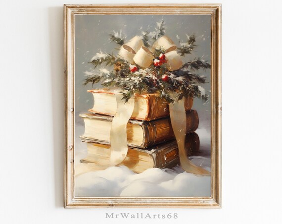 Snowy Vintage Christmas Books Cream Bow Holiday Wall Decor Poster