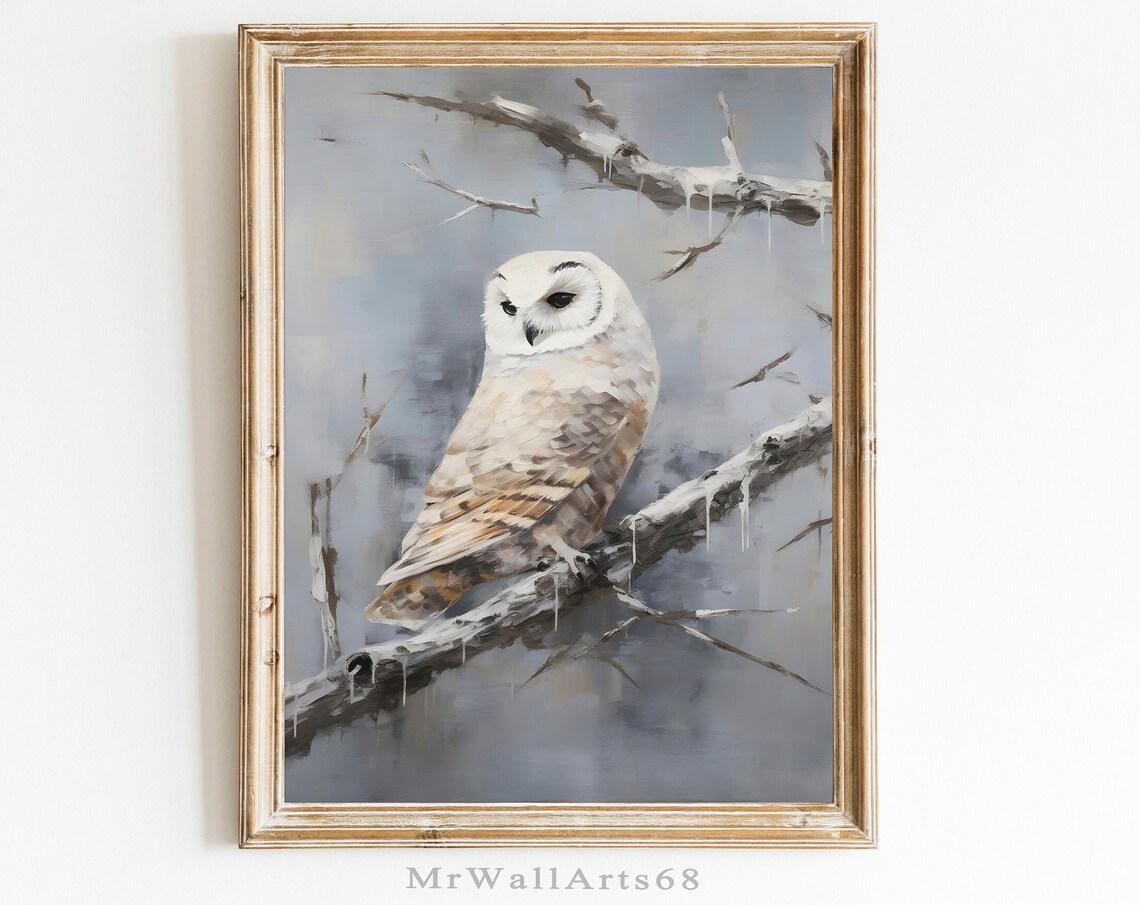 White Owl on Snowy Branch Vintage Winter Bird Painting Poster