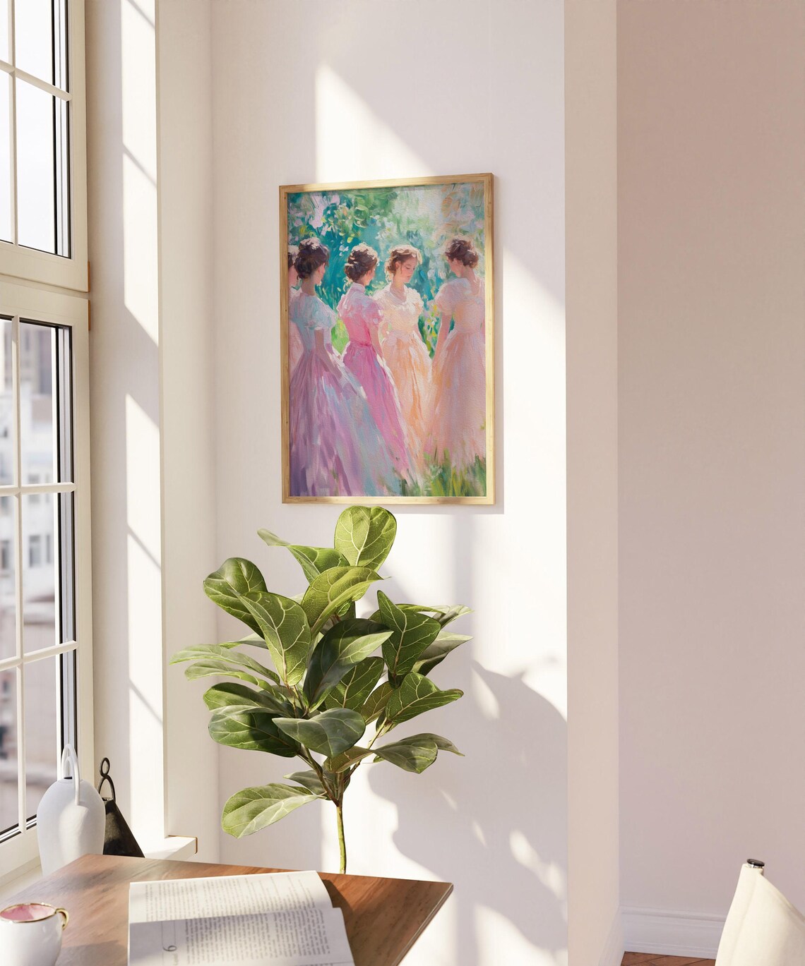 Girls in Pastel Dresses Gathering in a Sunny Garden Painting Poster - Image 5