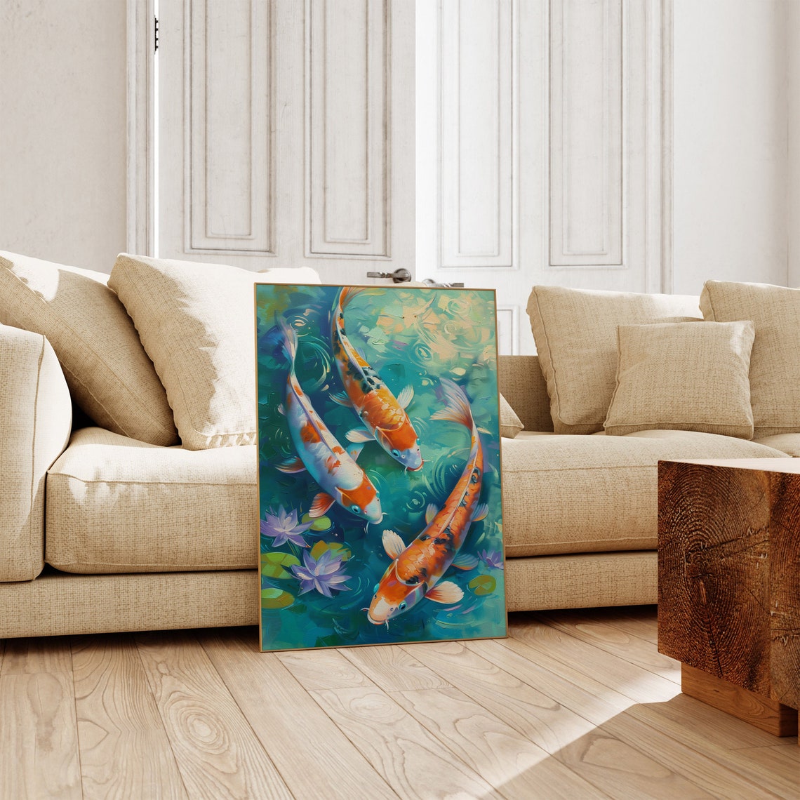 Three Colorful Koi Fish Swimming Among Water Lilies Painting Poster - Image 2