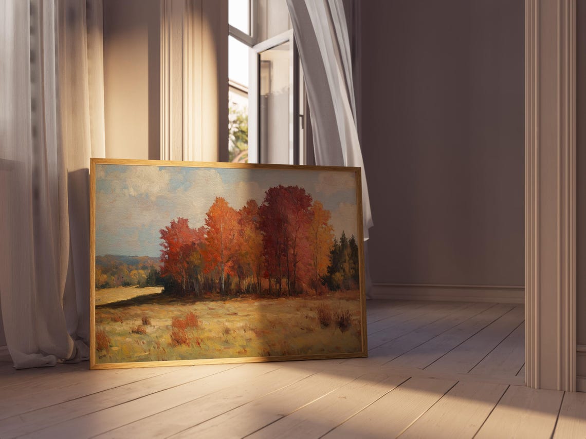 Rustic Autumn Meadow with Crimson Trees Under Cloudy Sky Print - Image 5