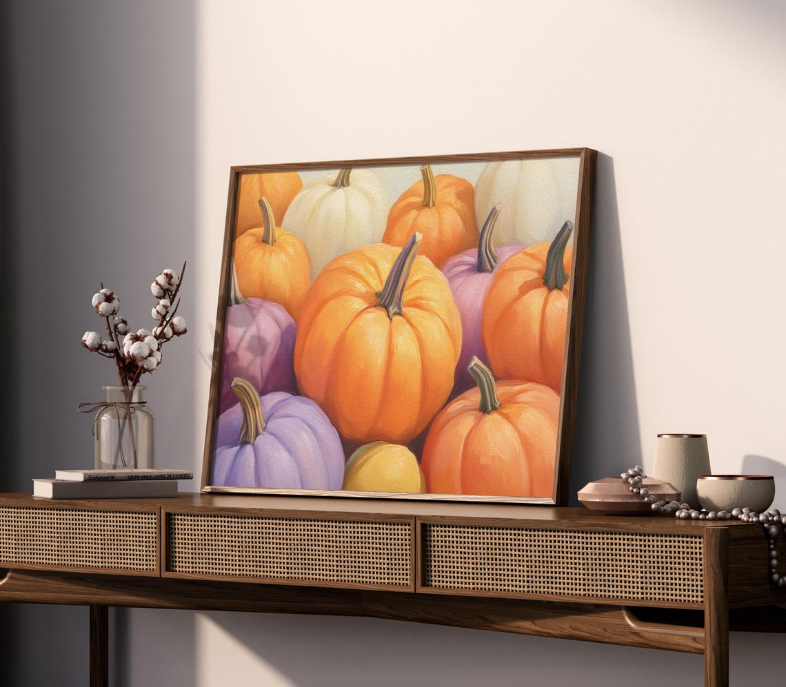 Colorful Pumpkins in Orange Purple and White Still Life Poster - Image 2