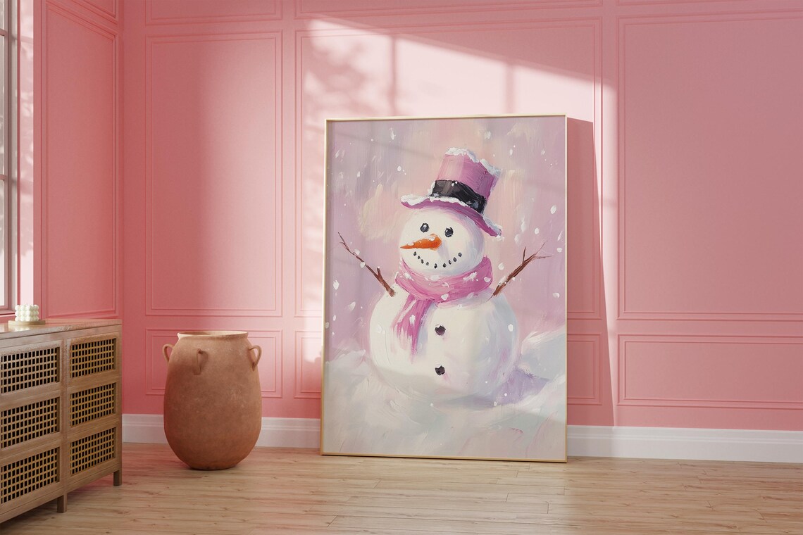 Pink Christmas Snowman Painting Cute Winter Wonderland Holiday Poster - Image 5