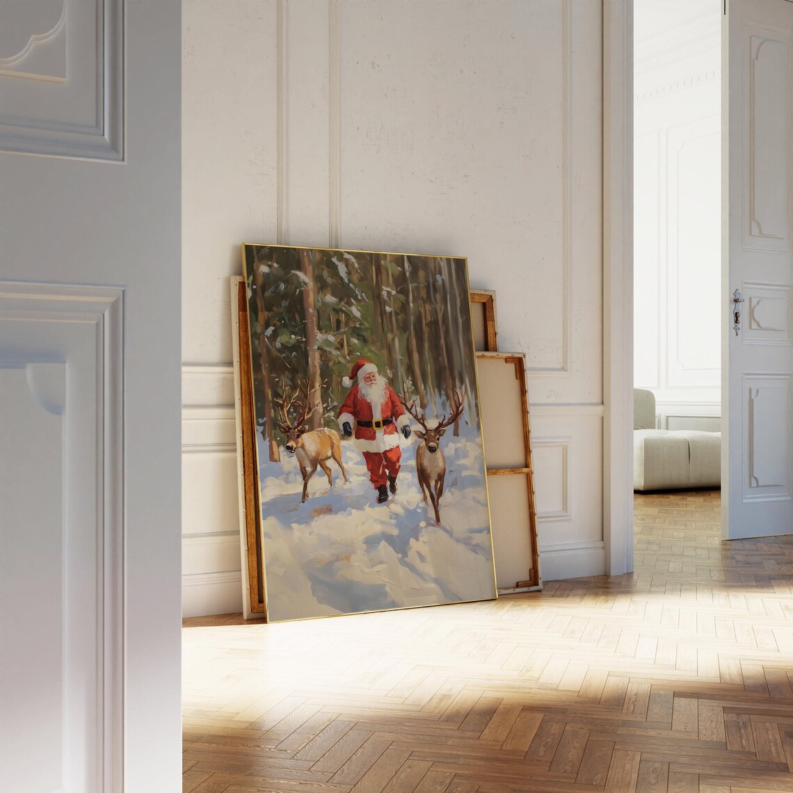 Santa Claus Walking With Reindeer Snowy Forest Vintage Oil Painting Poster - Image 4
