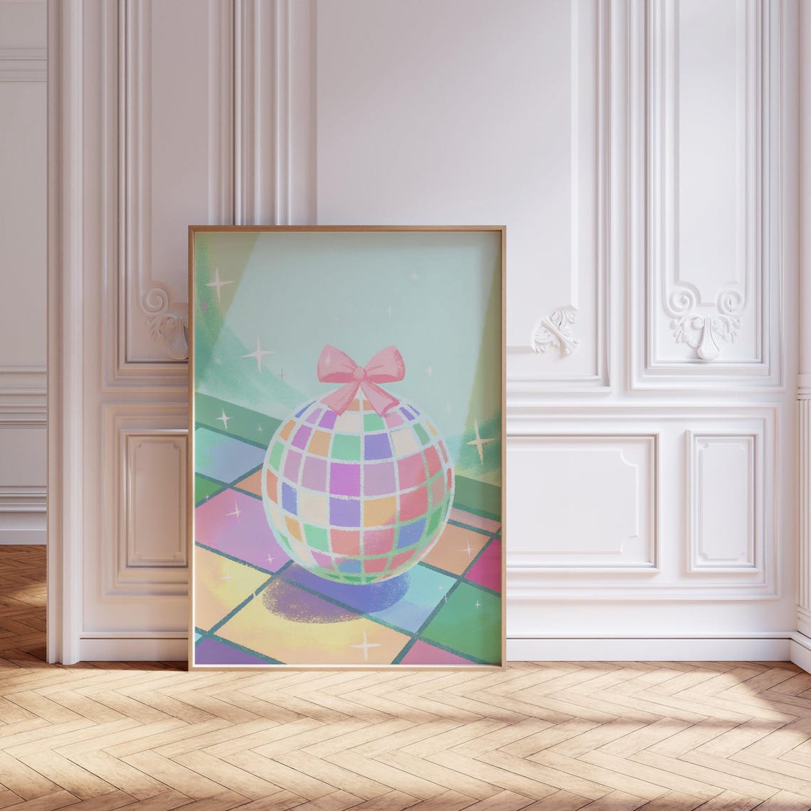 Pastel Rainbow Disco Ball with Pink Bow Retro Dance Floor Poster - Image 2