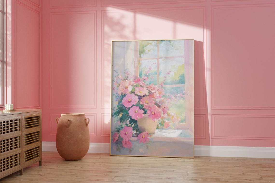 Pink Cosmos Flowers on a Sunny Windowsill Watercolor Painting Poster - Image 3