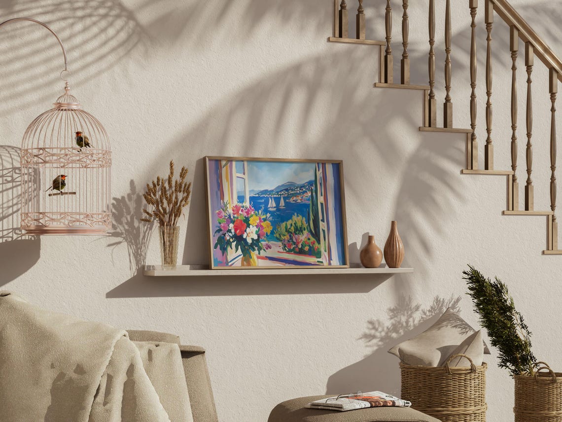 Open Window Mediterranean Coast Sailboats Flower Bouquet Travel Poster - Image 3