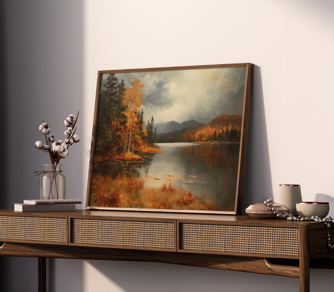 Moody Vintage Fall Lake Landscape with Golden Birch Trees Poster - Image 4