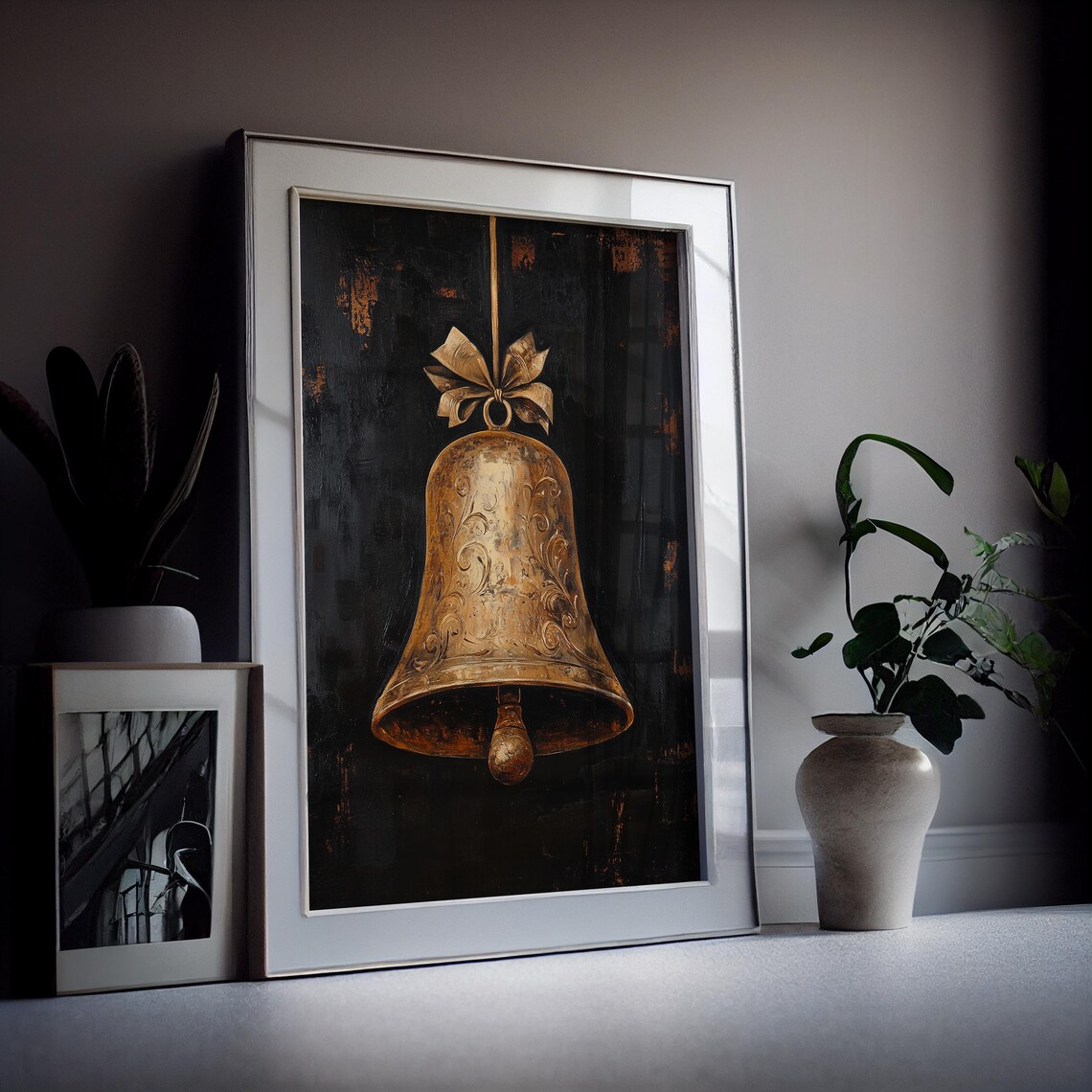 Vintage Golden Christmas Bell Painting Dark Moody Holiday Wall Poster - Image 4