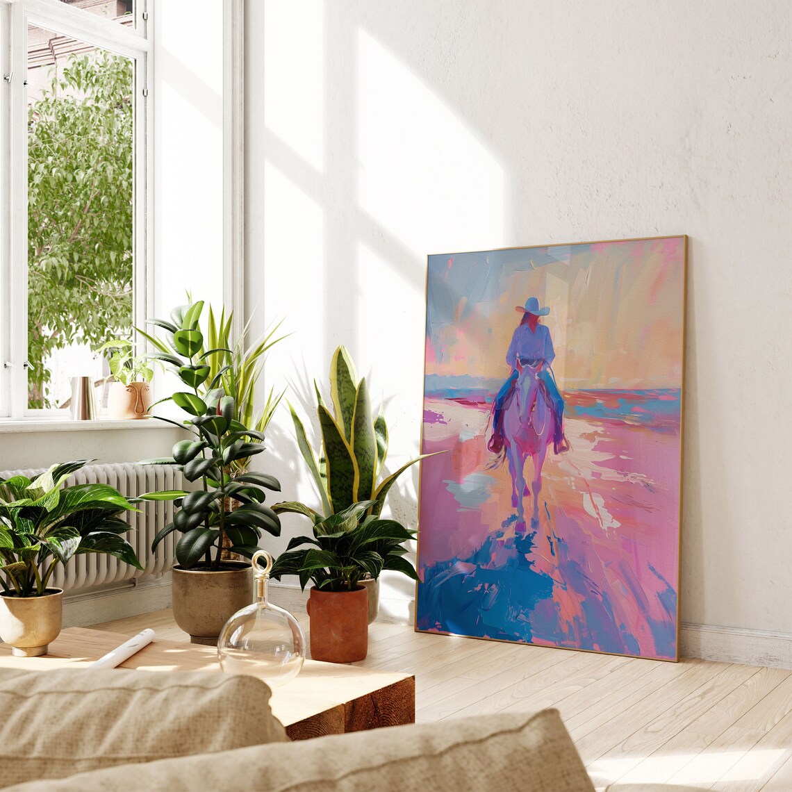 Pastel Cowgirl Riding Toward the Ocean at Sunset Painting Poster - Image 2