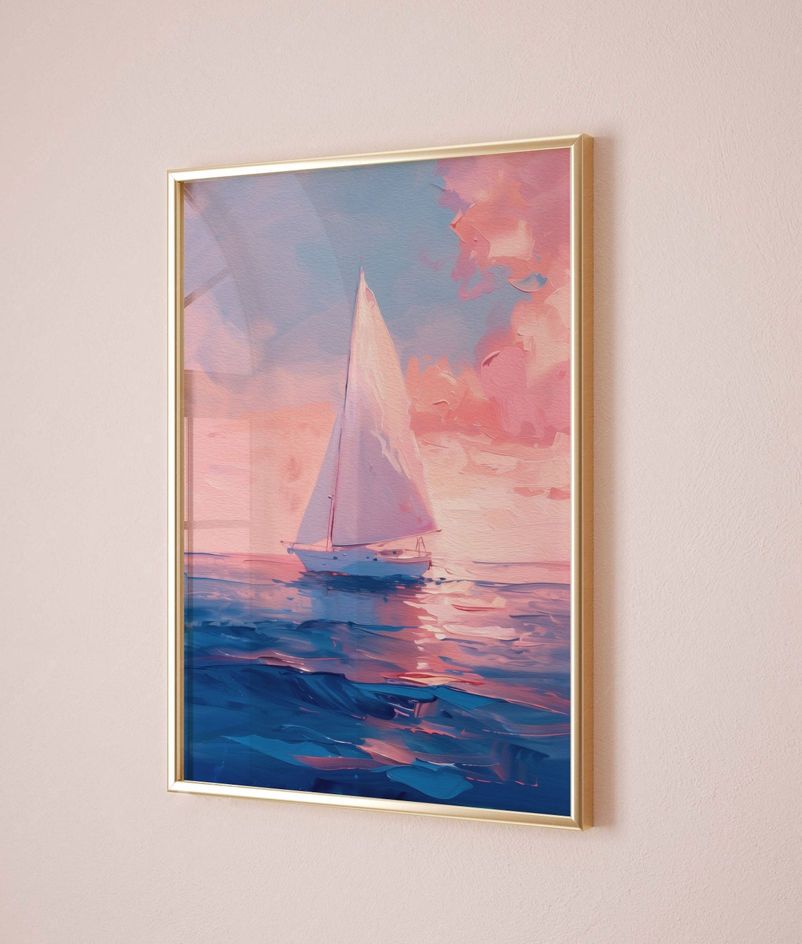 Pink Sunset Sailboat Oil Painting Coastal Beach House Decor Poster - Image 4