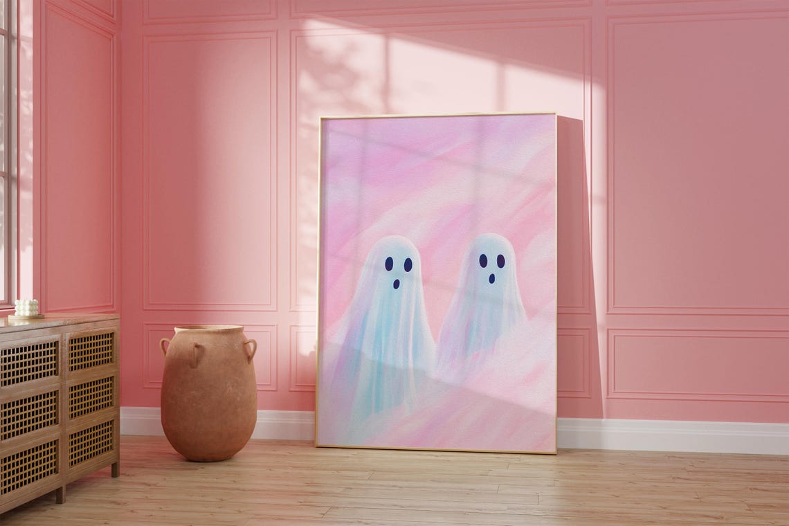 Soft Pastel Pink Ghosts Pair Cute Halloween Watercolor Art Print - Image 5