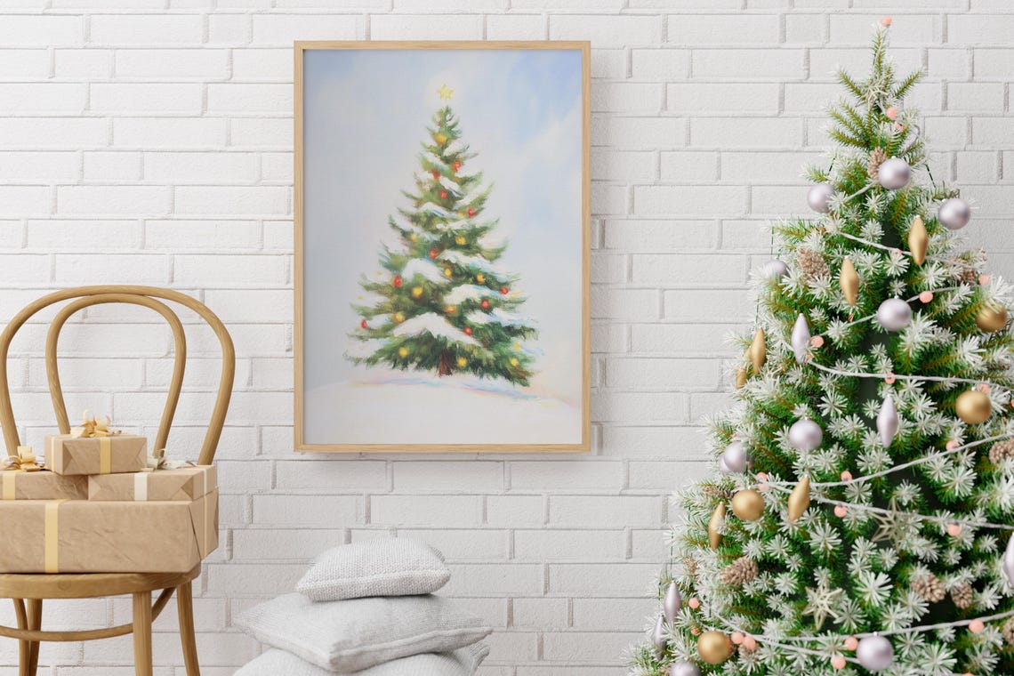 Vintage Christmas Tree Drawing Snowy Branches Red Gold Ornament Poster - Image 2