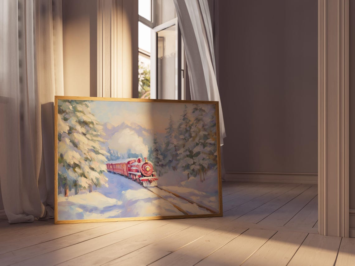 Christmas Train Red Steam Engine Snowy Pine Forest Holiday Art Poster - Image 4