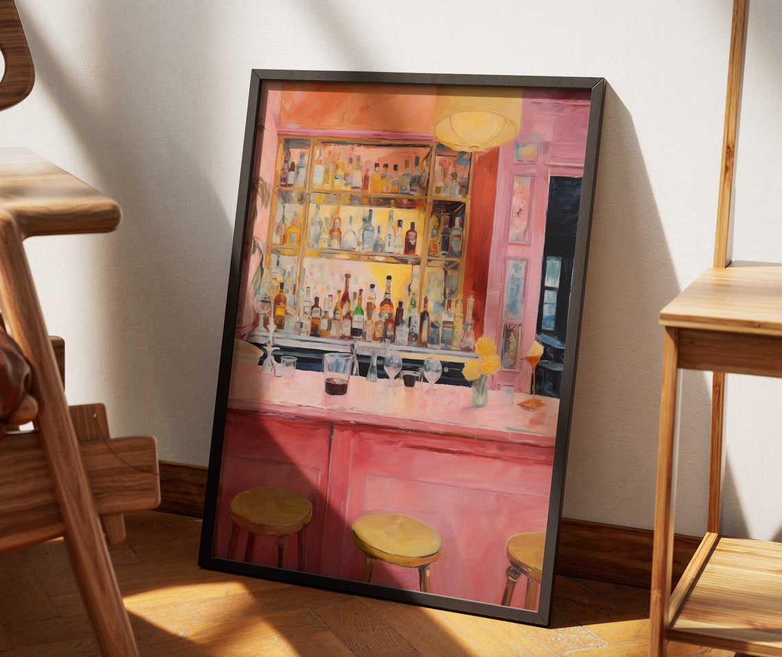 Charming Pink Cocktail Bar Interior Oil Painting Modern Print - Image 2
