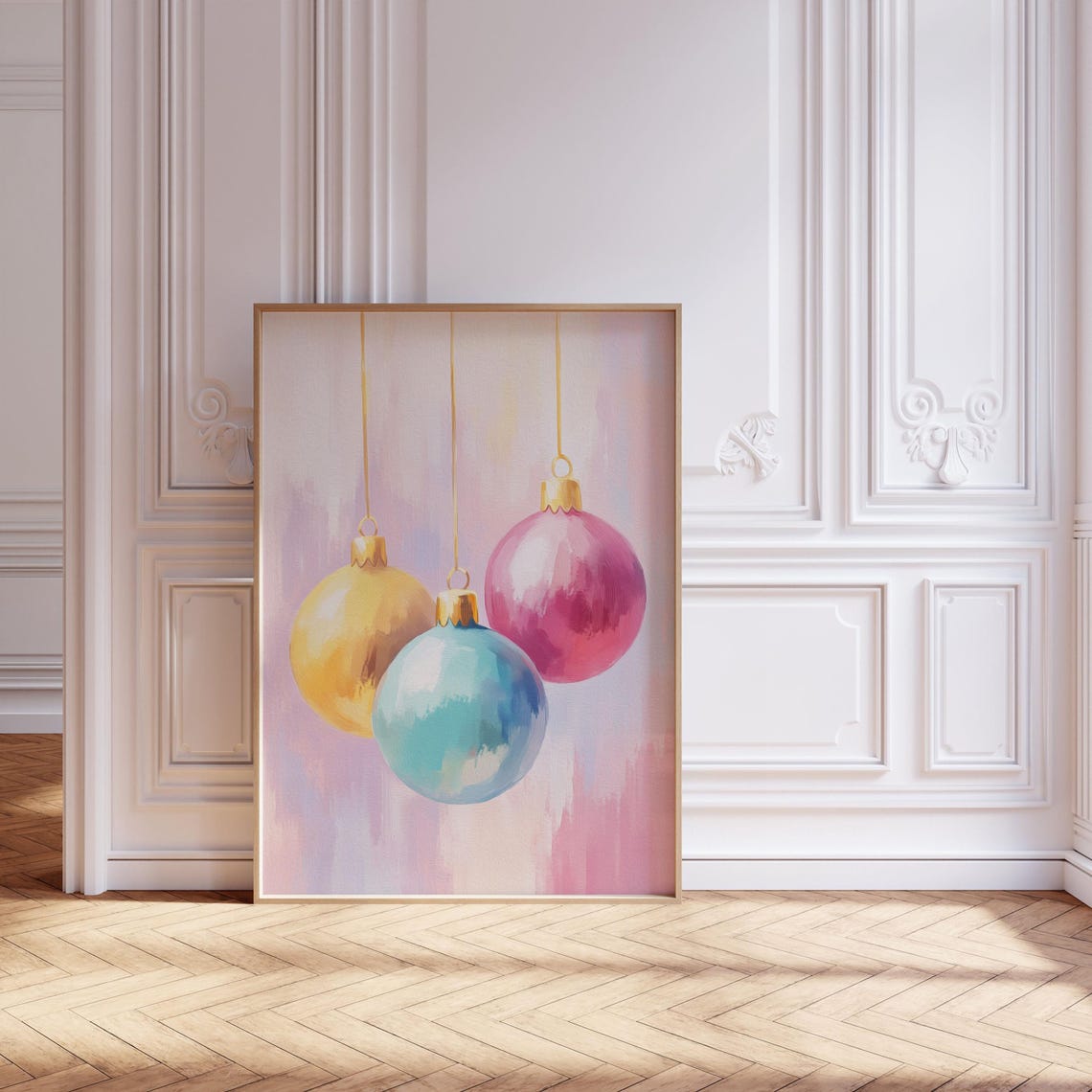 Colorful Christmas Ornaments Hanging Pastel Holiday Painting Print