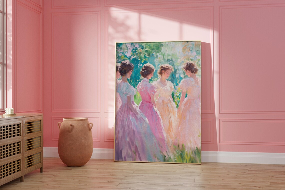 Girls in Pastel Dresses Gathering in a Sunny Garden Painting Poster - Image 3