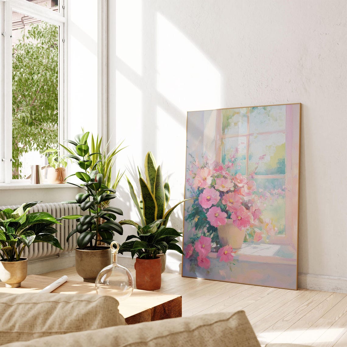 Pink Cosmos Flowers on a Sunny Windowsill Watercolor Painting Poster - Image 2