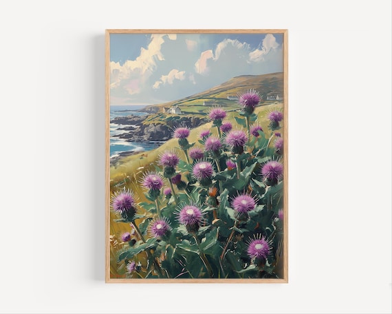 Purple Thistles Coastal Cliff Oil Painting Wildflower Seascape Art Print
