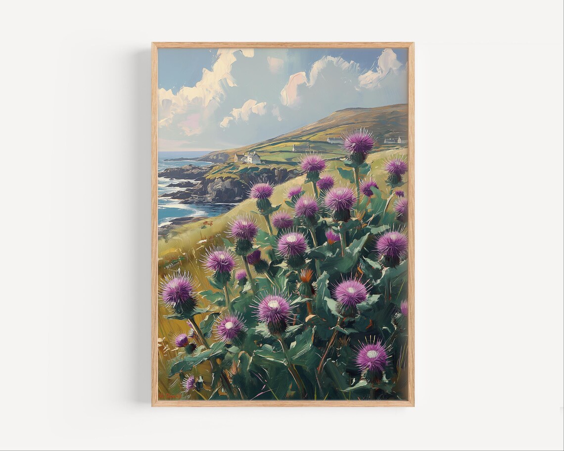 Purple Thistles Coastal Cliff Oil Painting Wildflower Seascape Art Print
